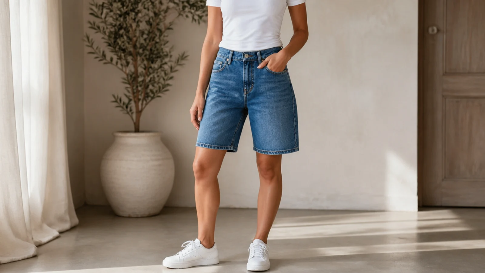 Faceless outfit with high-rise straight-leg mid-blue jorts, a tucked white baby tee and white sneakers