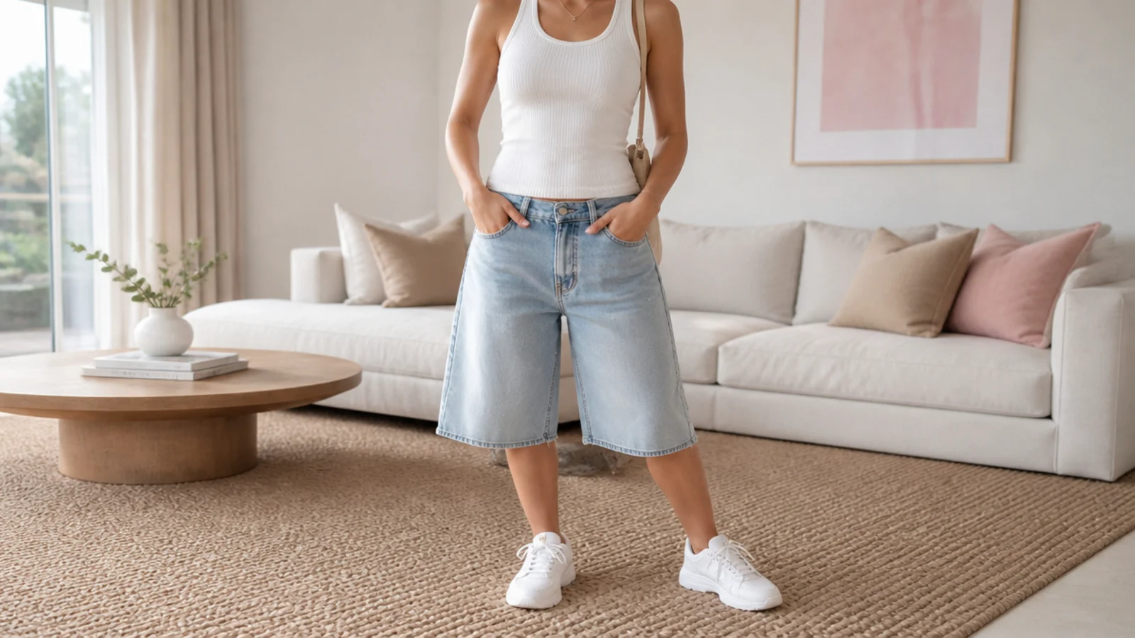 Faceless outfit with mid-rise baggy jorts, a fitted ribbed tank and chunky white sneakers