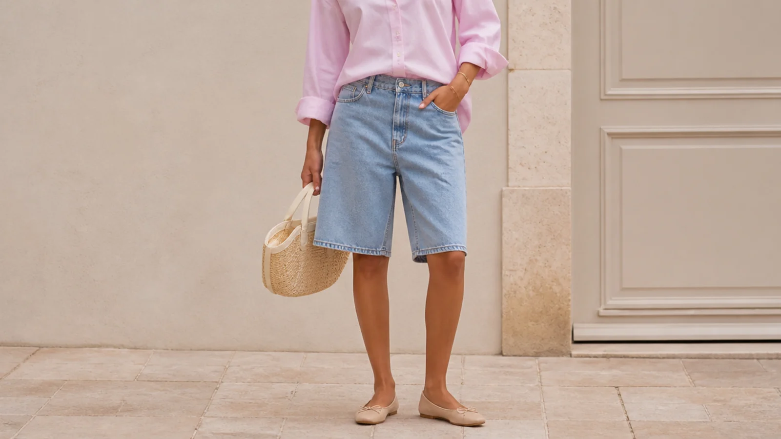 Faceless outfit with knee-length bermuda jorts, a tucked poplin shirt and ballet flats