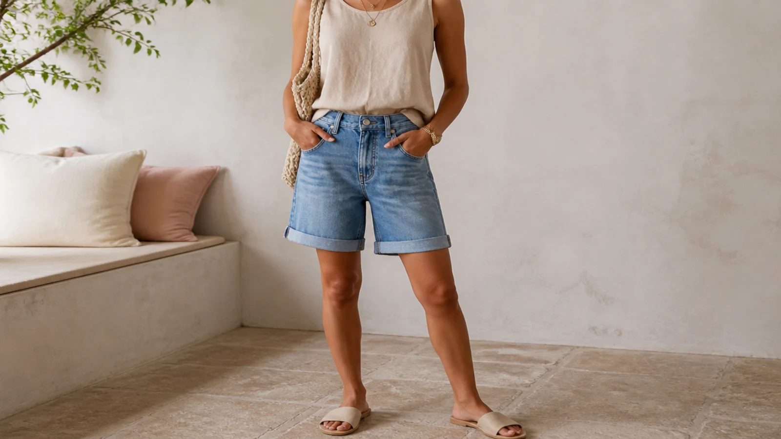 Faceless outfit with double-cuffed mid-blue jorts, a tucked linen tank and flat slide sandals