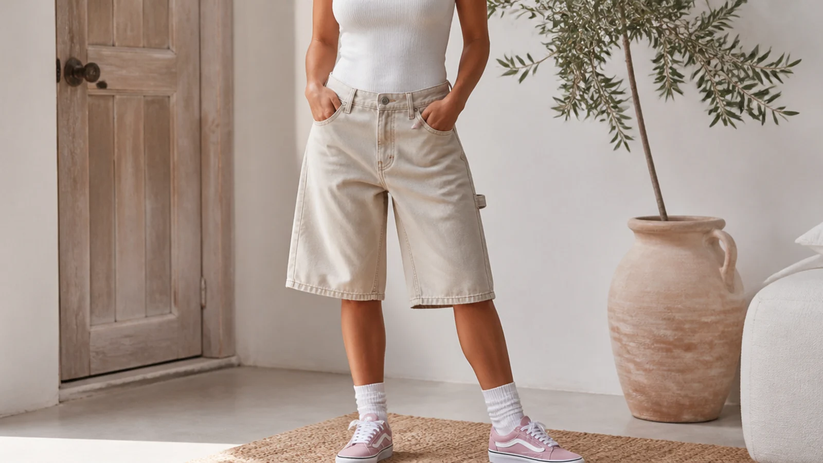 Faceless outfit with utility carpenter jorts with a hammer loop, a fitted rib tank and skate sneakers