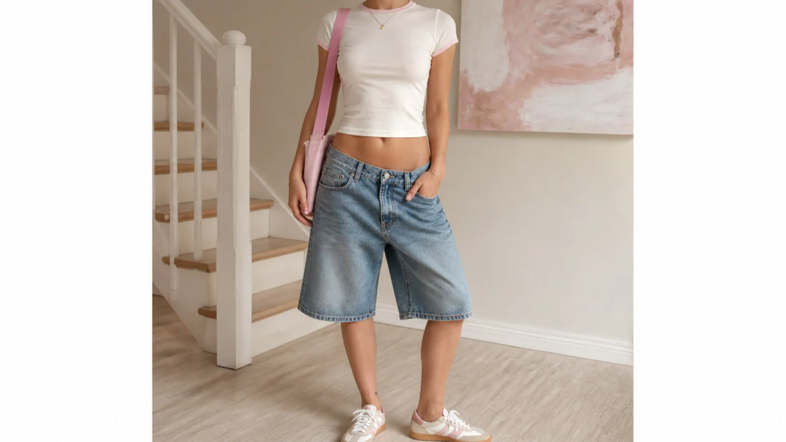 Faceless outfit with low-rise baggy jorts, a fitted baby tee showing the midriff and low-top sneakers