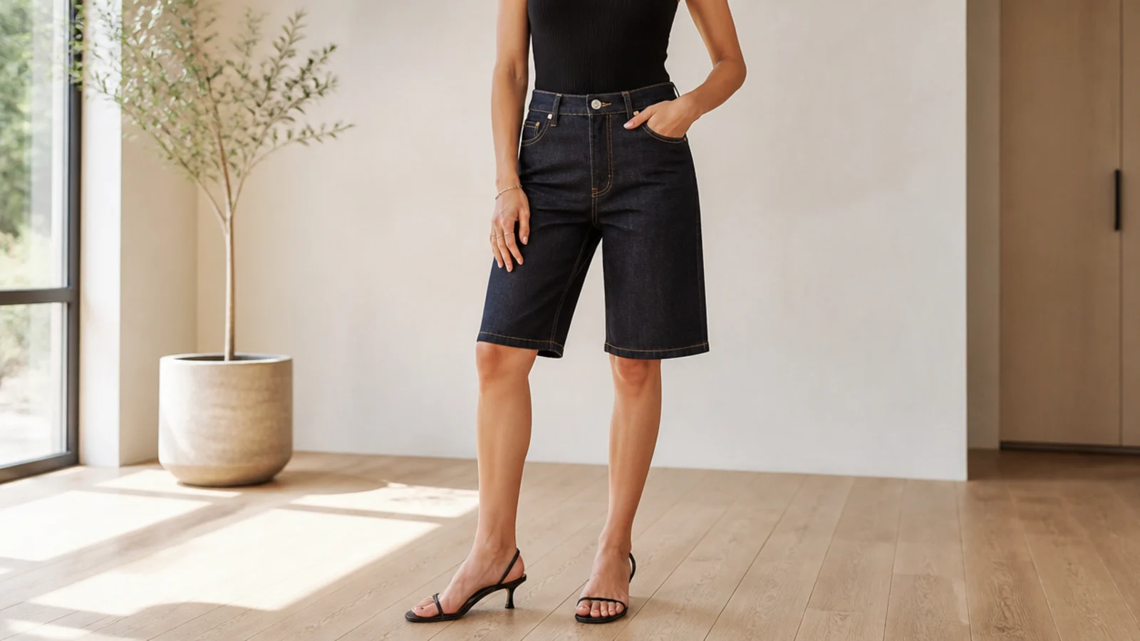 Faceless outfit with dark indigo rigid straight jorts, a tucked black tank and black heeled sandals