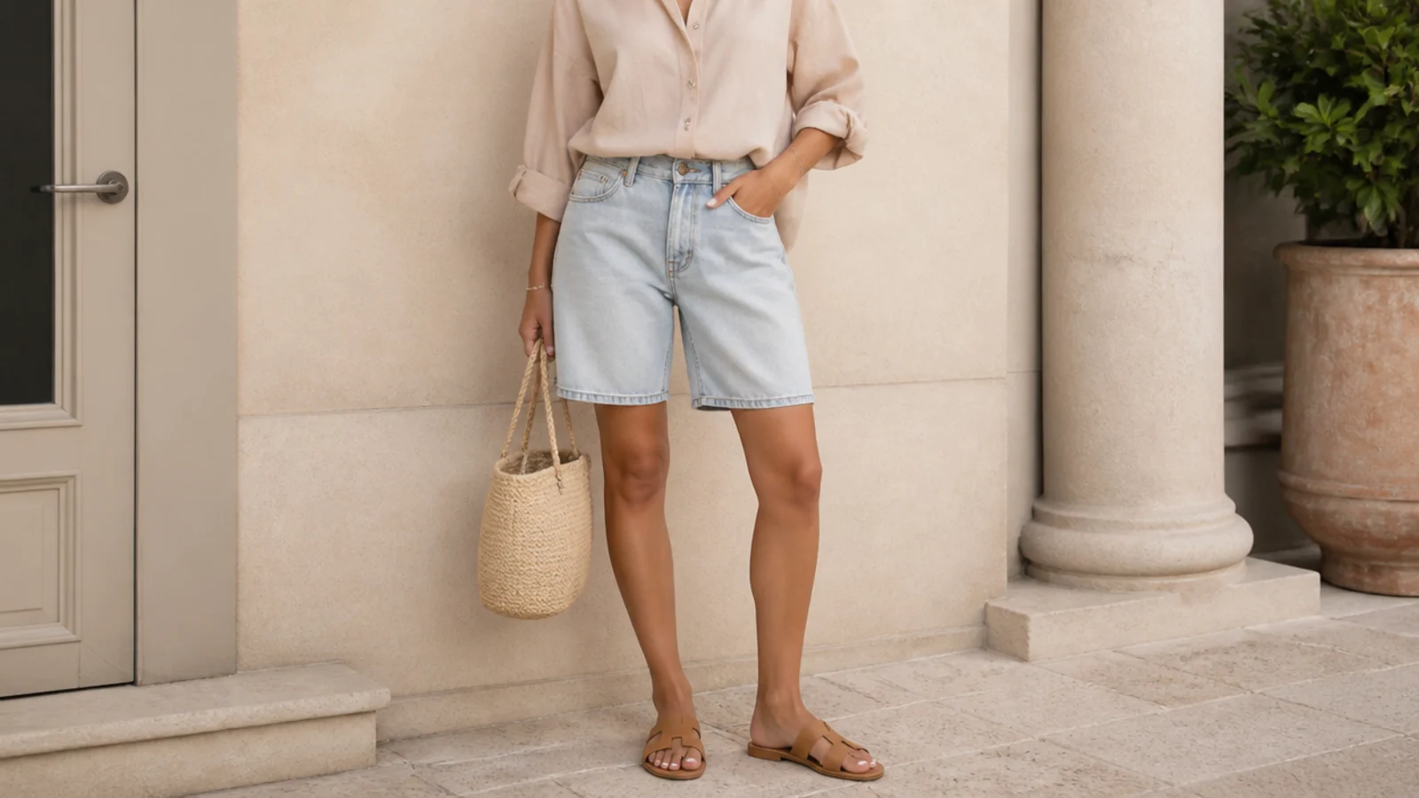 Faceless outfit with light-wash relaxed jorts, a tucked linen shirt and tan flat sandals
