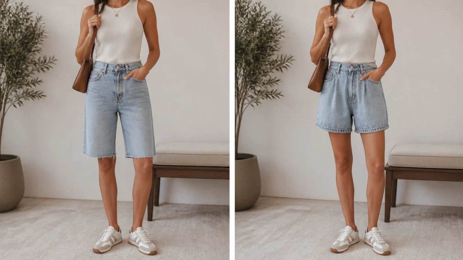 Faceless comparison of knee-length bermuda jorts beside shorter slouchy baggy jorts