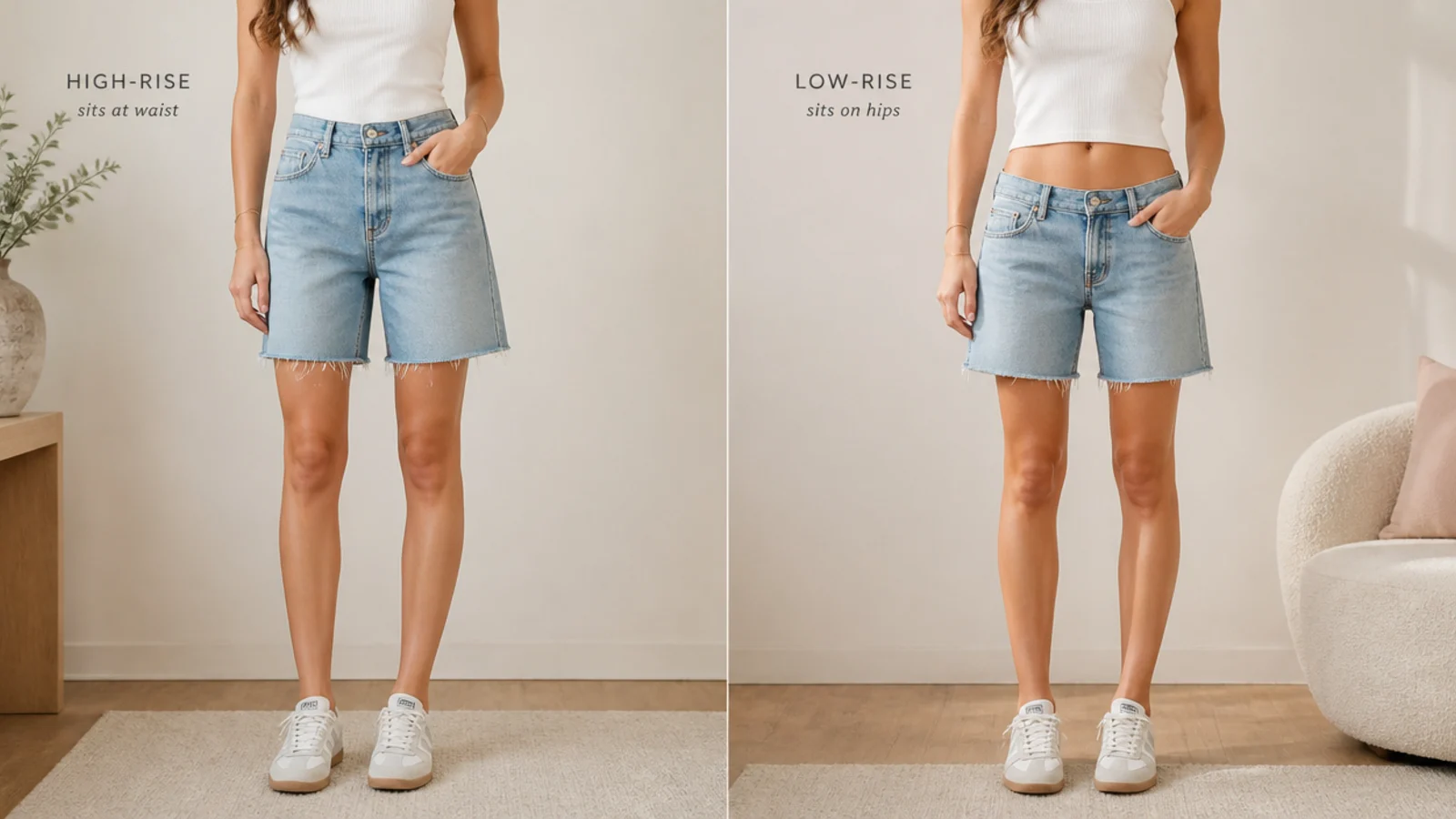 Faceless comparison of high-rise jorts sitting at the waist beside low-rise jorts sitting on the hips