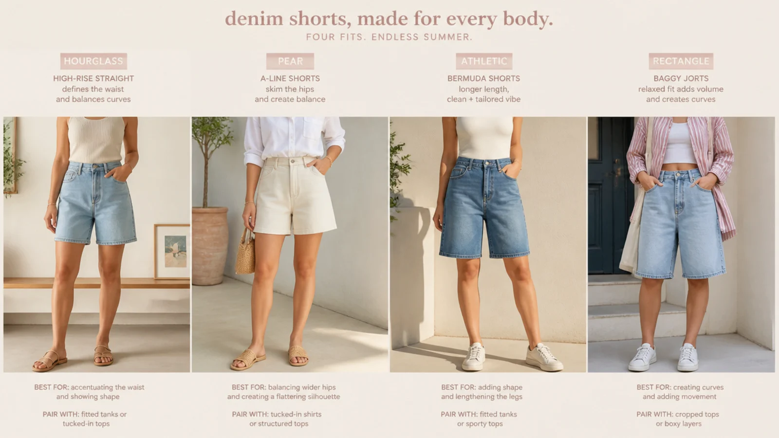 Faceless flat-lay of high-rise straight, A-line, bermuda and baggy jorts mapped to different body shapes