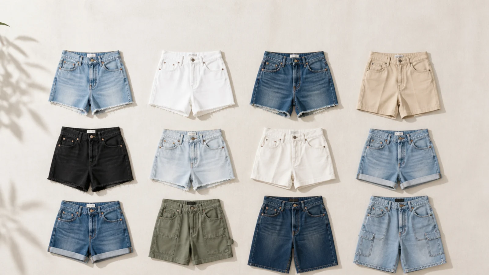 Faceless flat-lay of twelve jorts silhouettes compared, from high-rise straight to bermuda and carpenter denim shorts