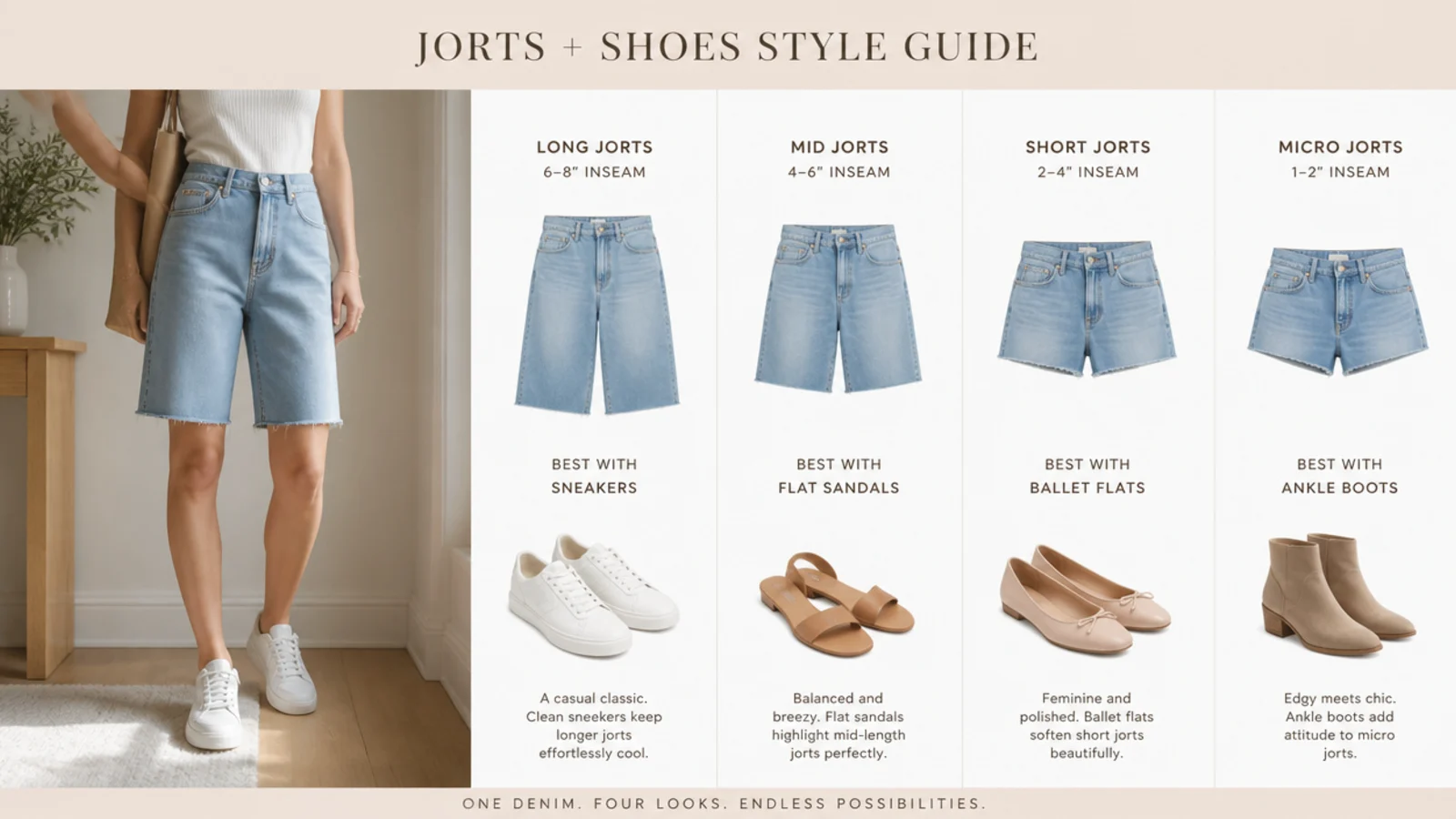 Faceless flat-lay of white sneakers, flat sandals, ballet flats and ankle boots mapped to different jorts cuts