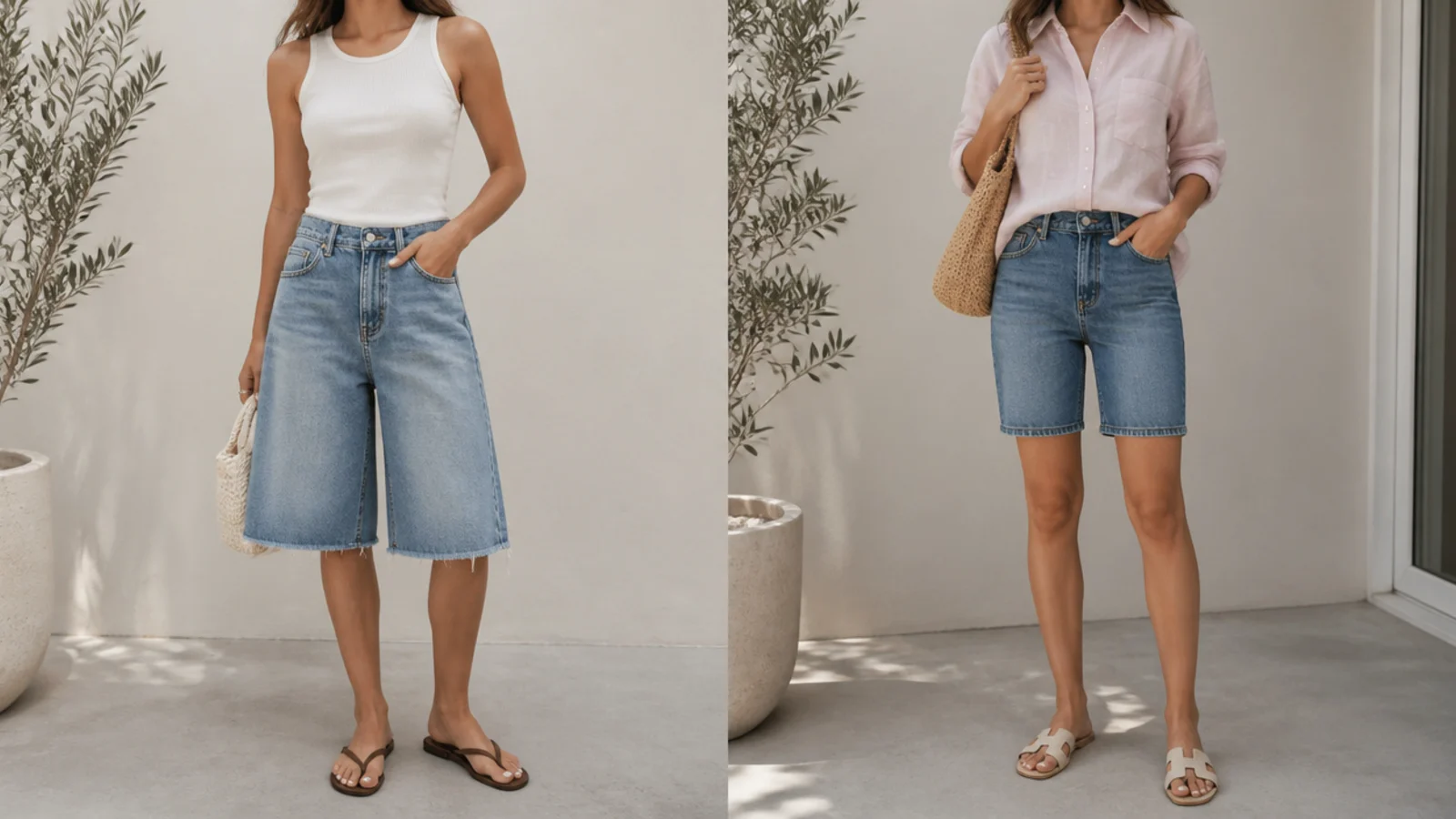 Faceless comparison of a tucked fitted tank with baggy jorts beside a relaxed shirt with fitted straight jorts