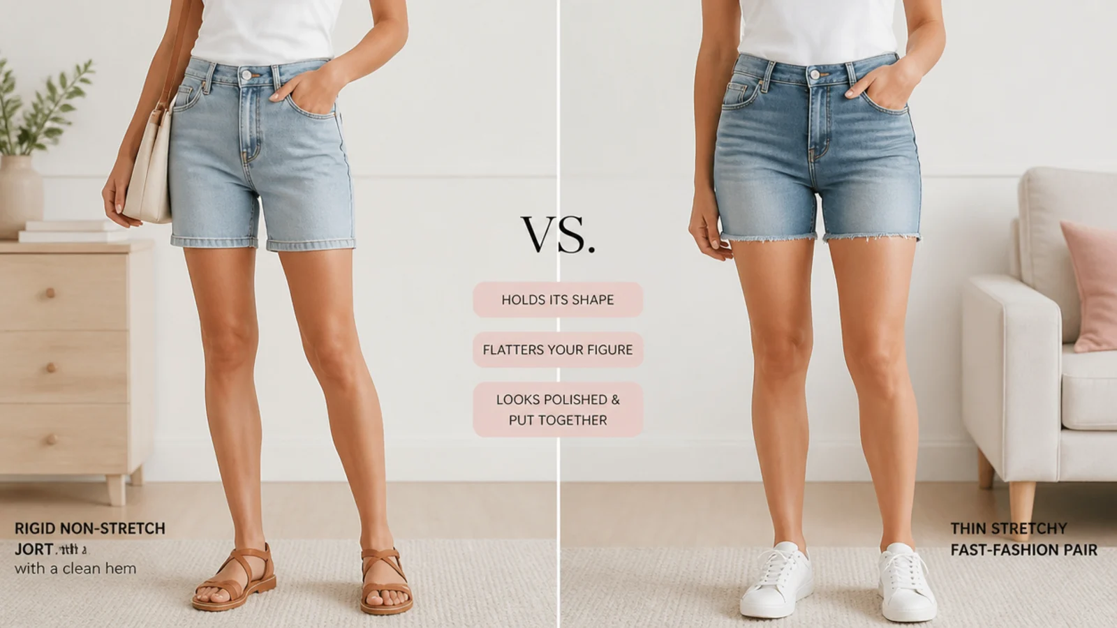 Faceless close-up comparing a rigid non-stretch jort with a clean hem beside a thin stretchy fast-fashion pair