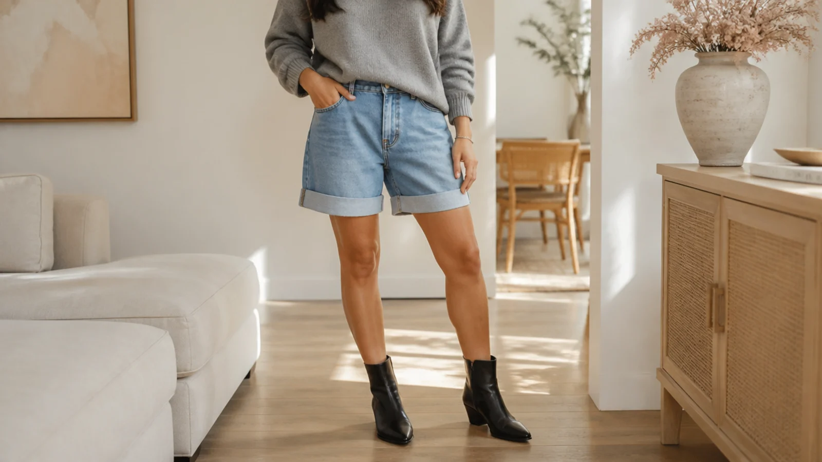 Faceless outfit with cuffed mid-thigh denim jorts, black leather ankle boots and a gray sweater