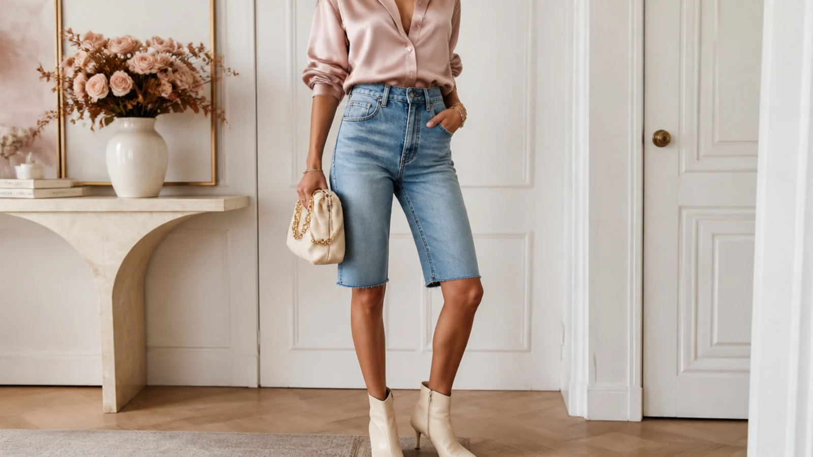 Faceless outfit with knee-length bermuda denim jorts, heeled ankle boots and a silky blouse