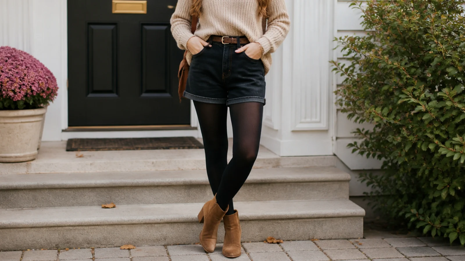 Faceless outfit with dark denim jorts, opaque black tights and tan suede ankle boots for fall