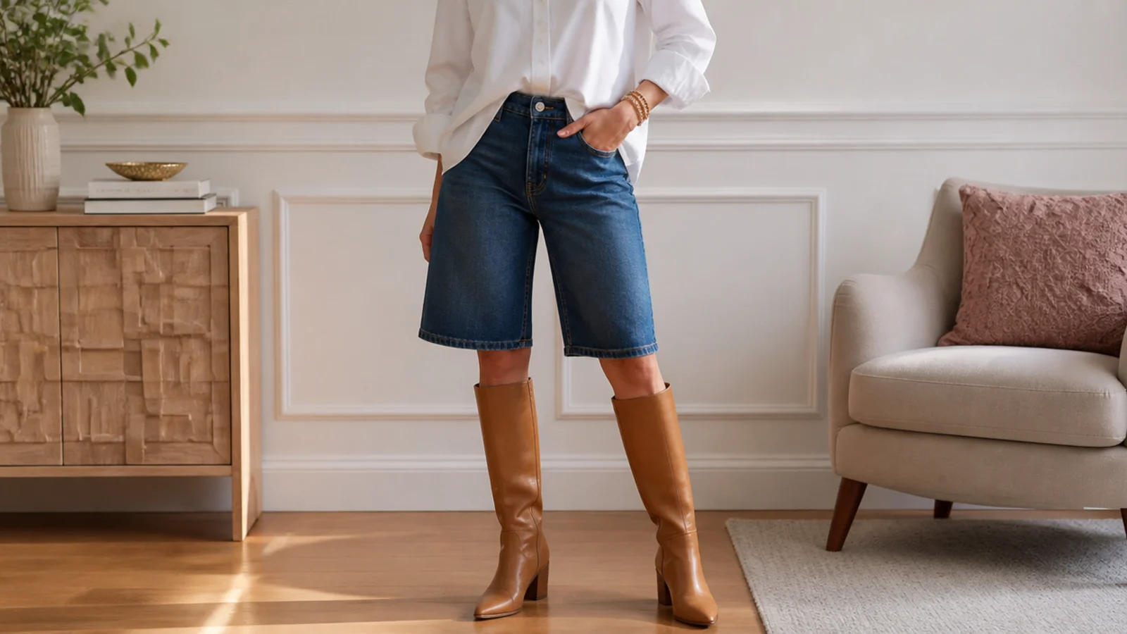 Faceless outfit with knee-length bermuda denim jorts, tan leather knee-high boots and a white shirt