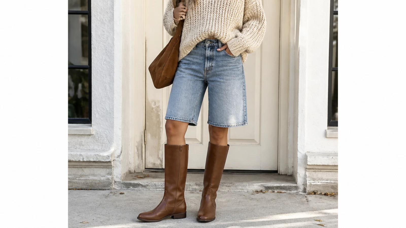 Faceless outfit with mid-wash denim jorts, brown flat leather riding boots and a chunky knit