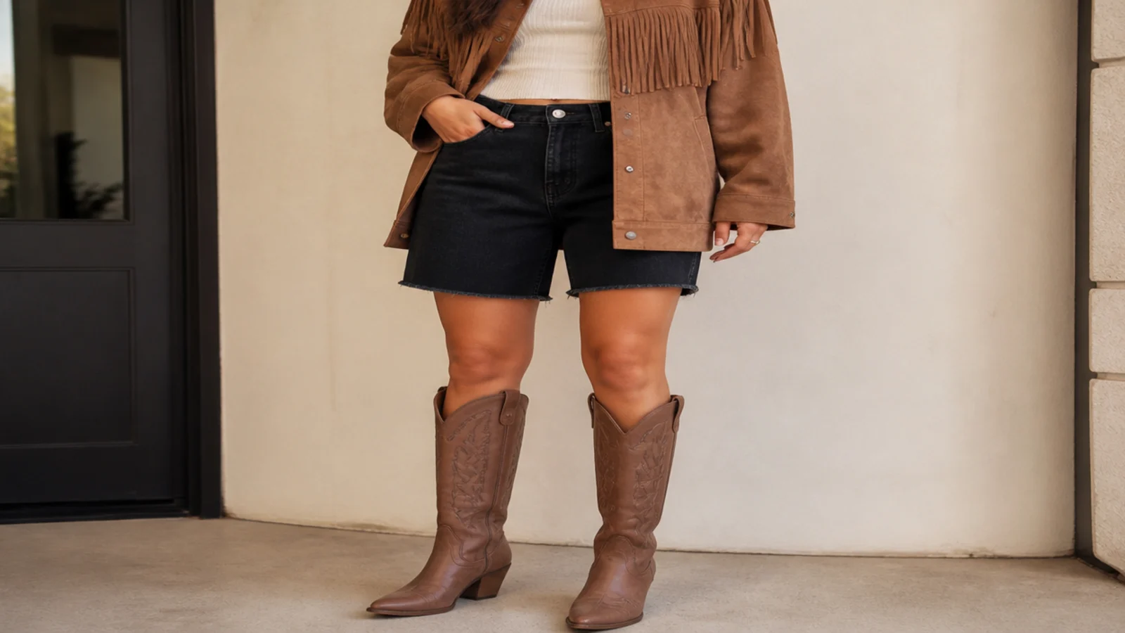 Faceless outfit with dark denim jorts, tall knee-high western boots and a fringed suede jacket