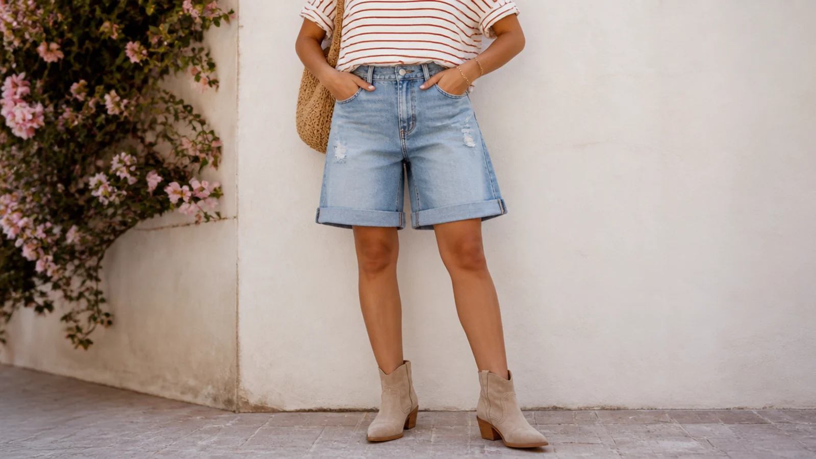 Faceless outfit with cuffed denim jorts, low ankle cowboy booties and a striped tee