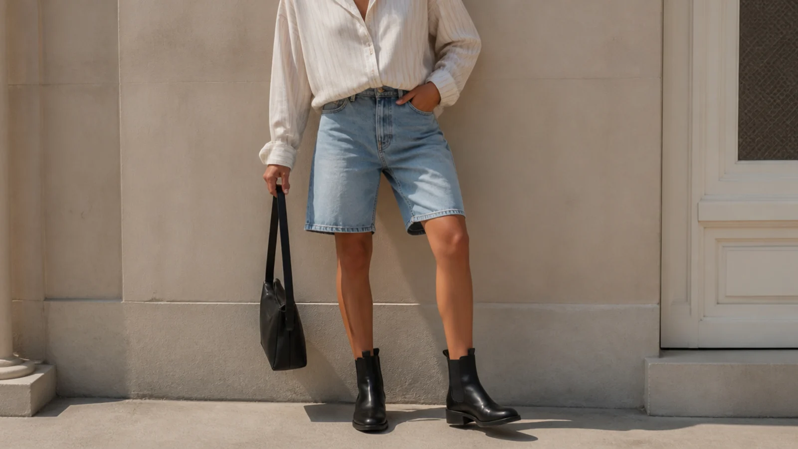 Faceless outfit with mid-wash denim jorts, black leather Chelsea boots and an oversized shirt