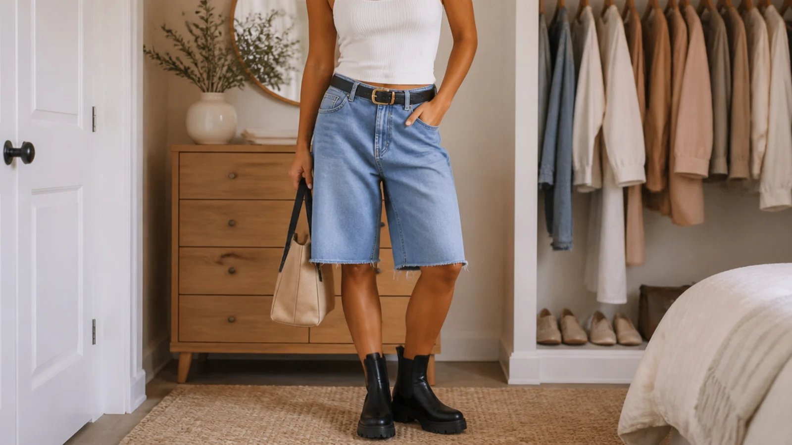 Faceless outfit with baggy denim jorts, chunky lug-sole Chelsea boots and a fitted rib tank