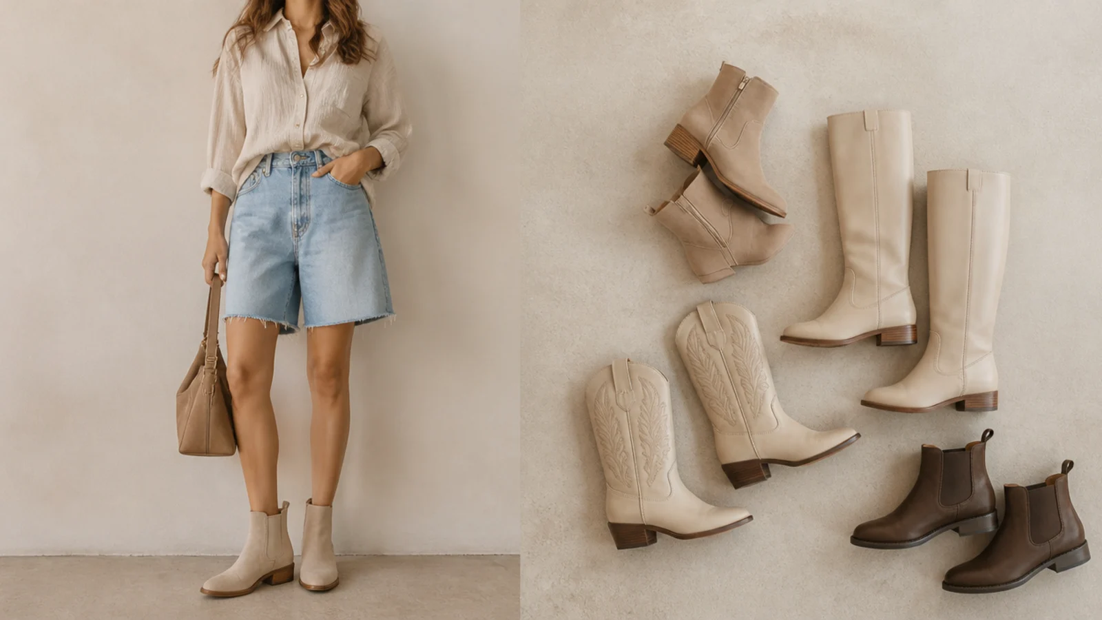 Faceless flat-lay of ankle boots, knee-high boots, cowboy boots and Chelsea boots for jorts