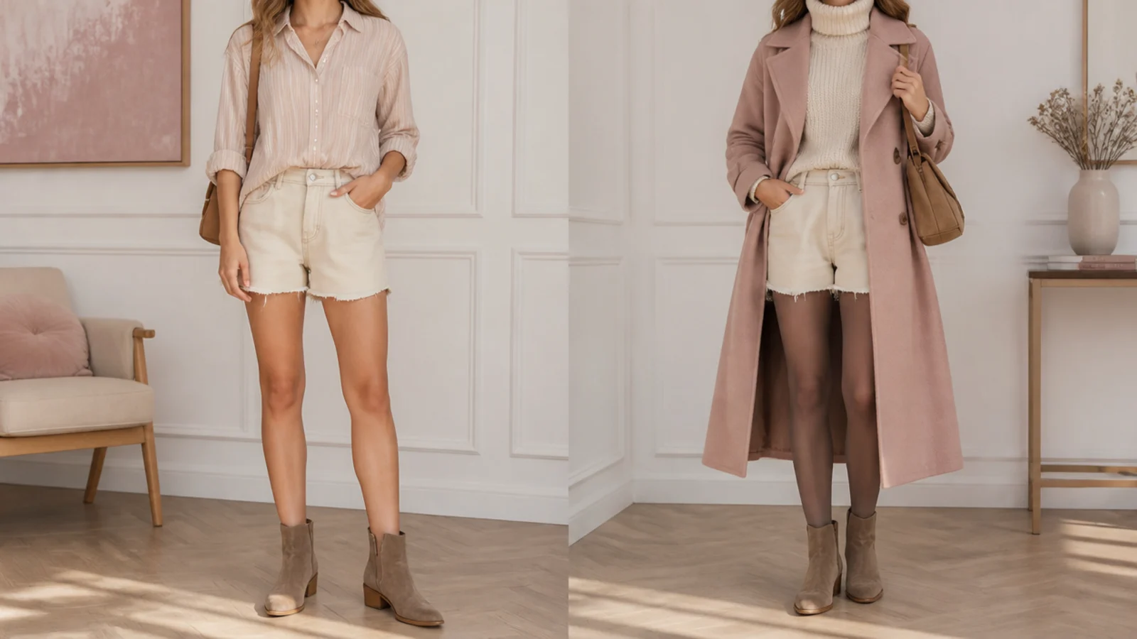 Faceless split of a bare-leg summer jorts and boots look beside a tights-and-coat fall version