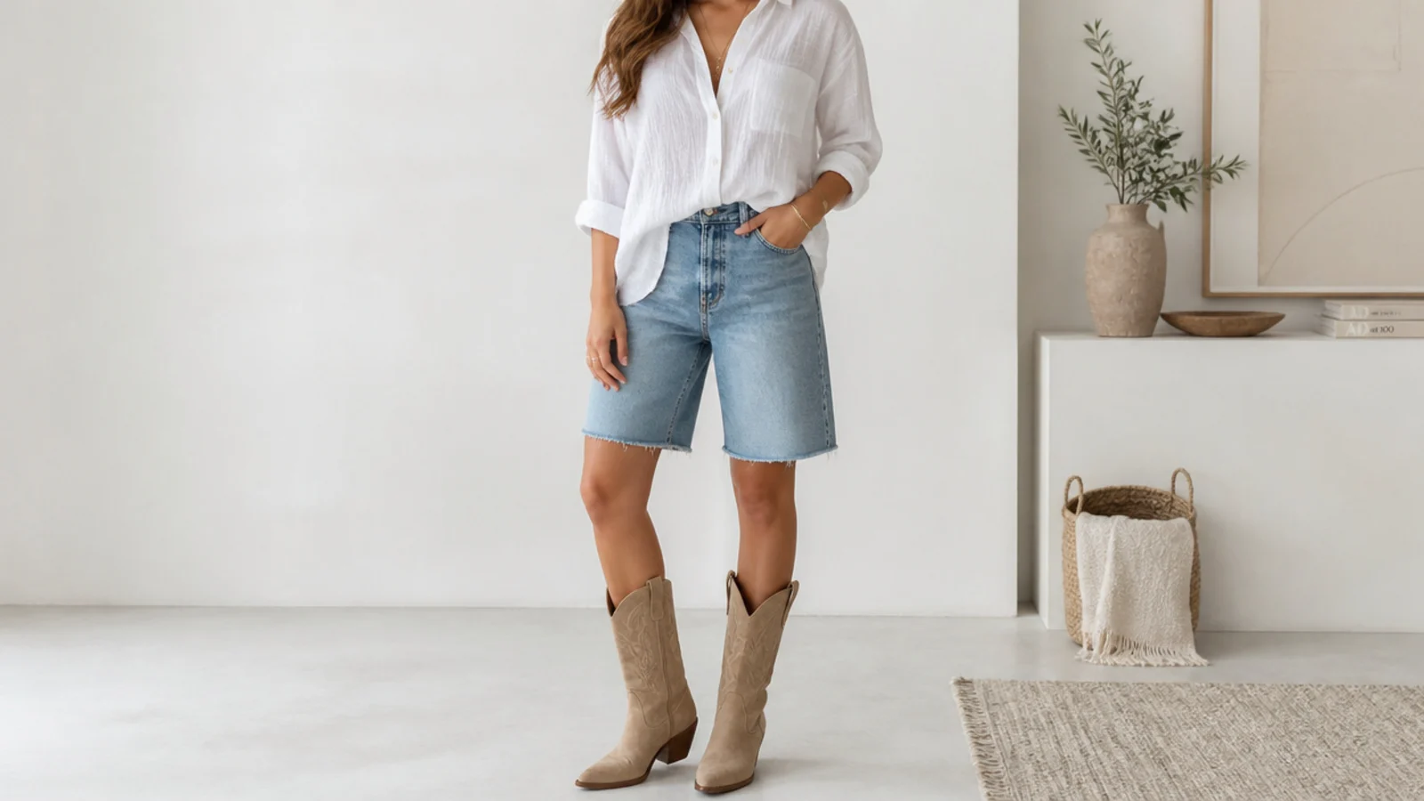 Faceless outfit pairing knee-length denim jorts with tan cowboy boots and bare legs