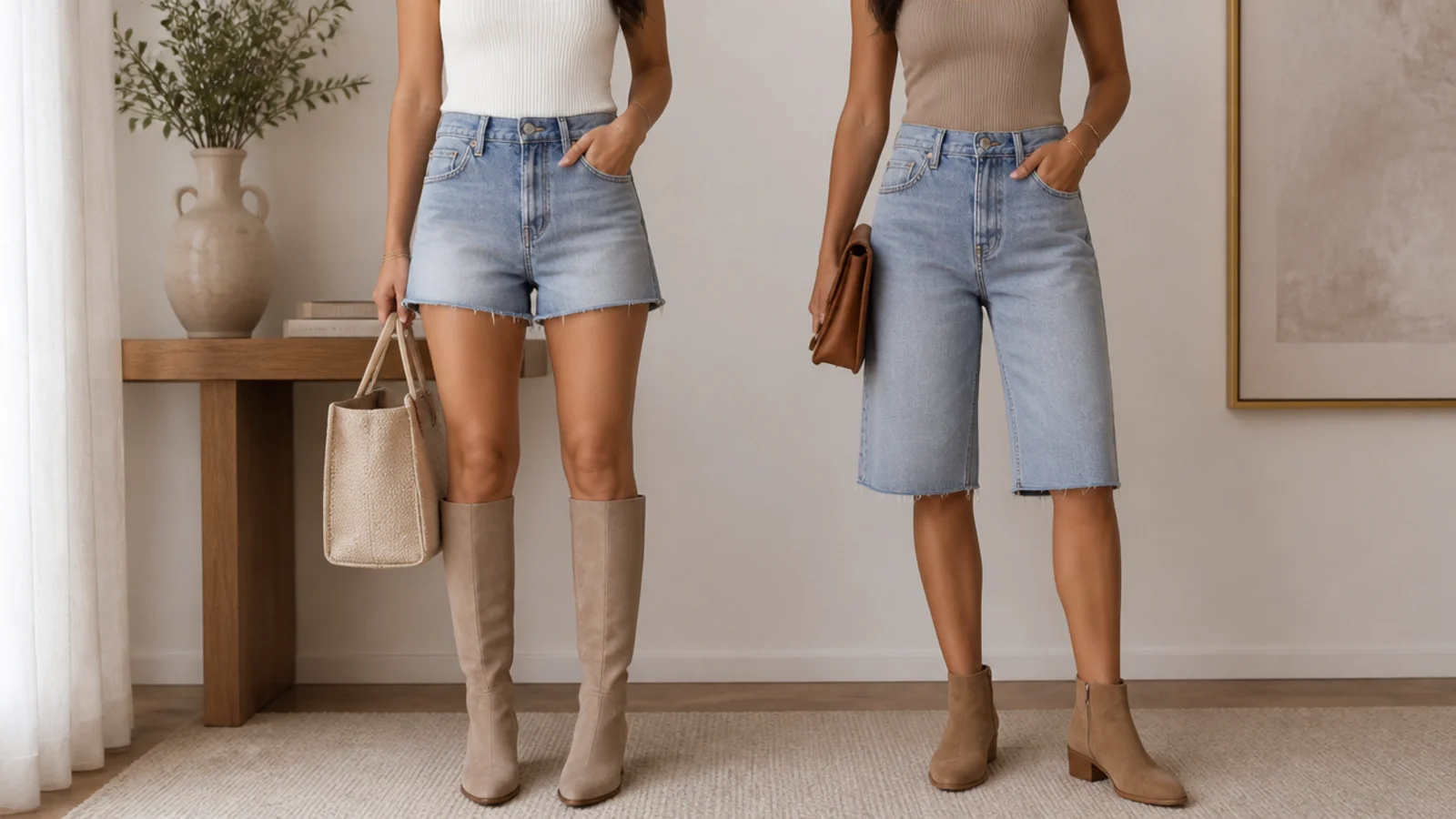 Faceless comparison of short jorts with tall boots beside long jorts with ankle boots