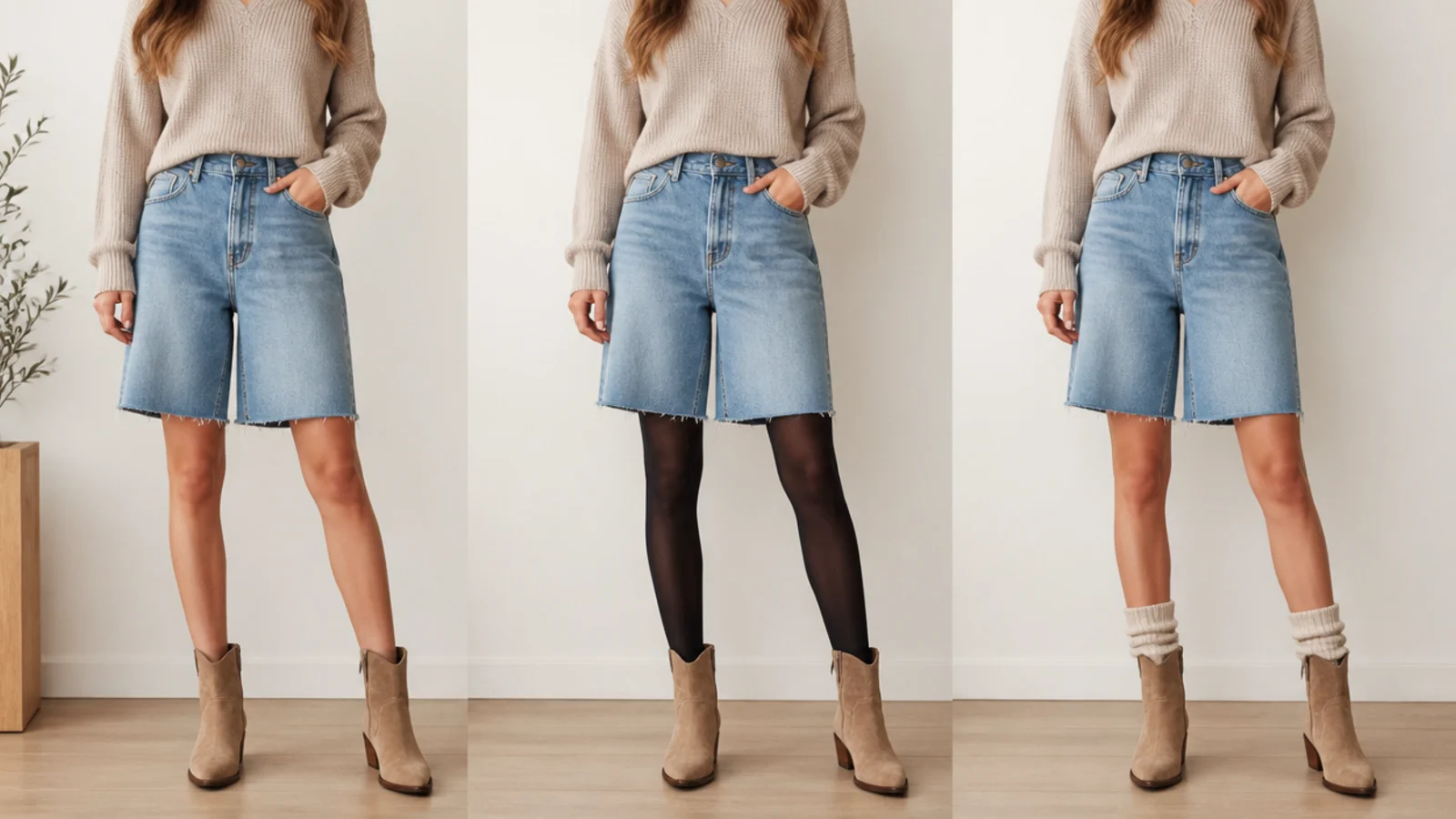 Faceless comparison of bare legs, opaque tights and folded socks worn with jorts and boots