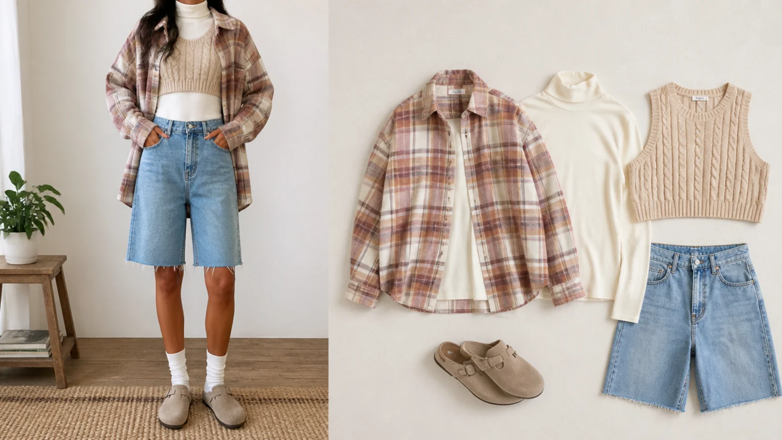 Faceless flat-lay of a fitted turtleneck, an oversized flannel and a cropped knit for jorts outfits