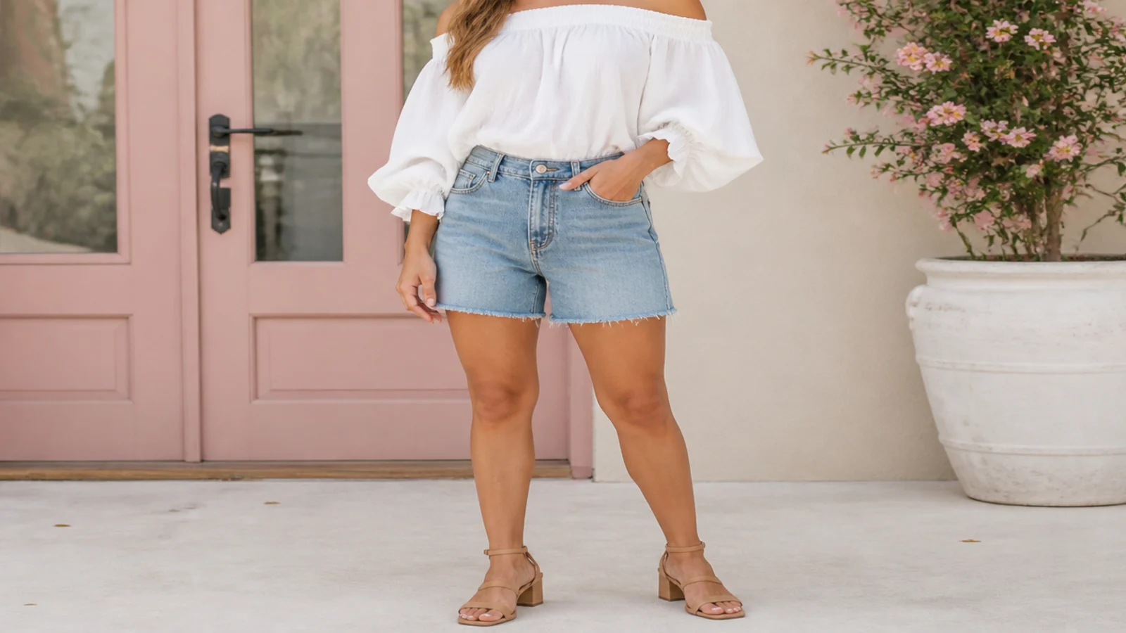 Faceless outfit with denim jorts, a white off-shoulder blouse and tan block-heel sandals