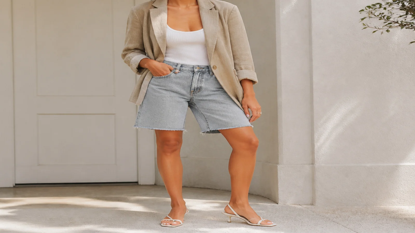 Faceless outfit with denim jorts, a white tank under a tan linen blazer and low kitten-heel slingback sandals