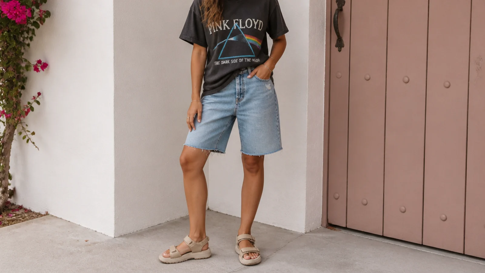Faceless outfit with baggy denim jorts, a washed graphic band tee and chunky tan Velcro sport sandals