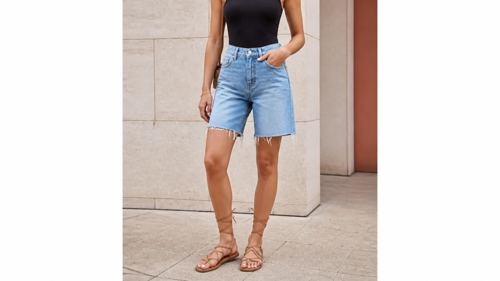 Faceless outfit with mid-thigh denim jorts, a fitted black bodysuit and tan lace-up gladiator sandals