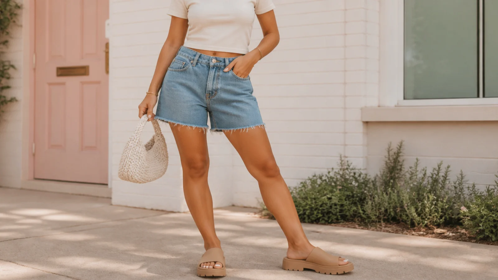 Faceless outfit with mid-thigh denim jorts, a fitted cropped baby tee and chunky tan platform slide sandals