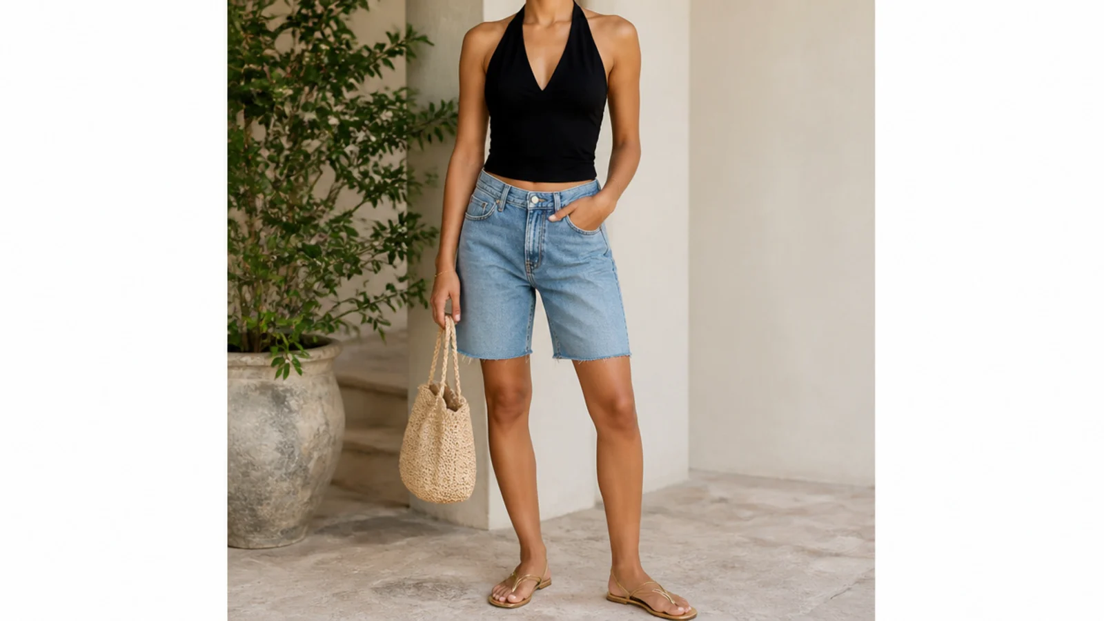 Faceless outfit with denim jorts, a fitted black halter top and delicate gold toe-loop flat sandals