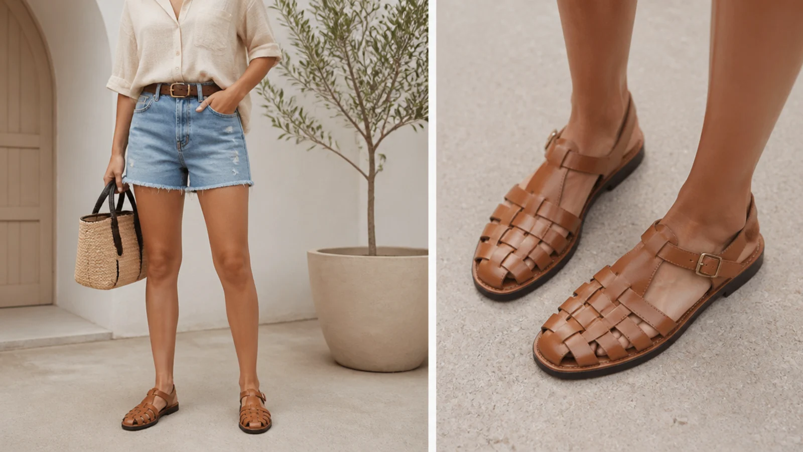 Faceless close-up of closed-toe woven fisherman sandals in tan and black styled with denim jorts