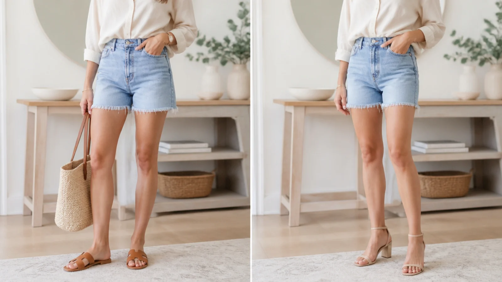 Faceless comparison of flat tan slides beside strappy nude heeled sandals both styled with denim jorts