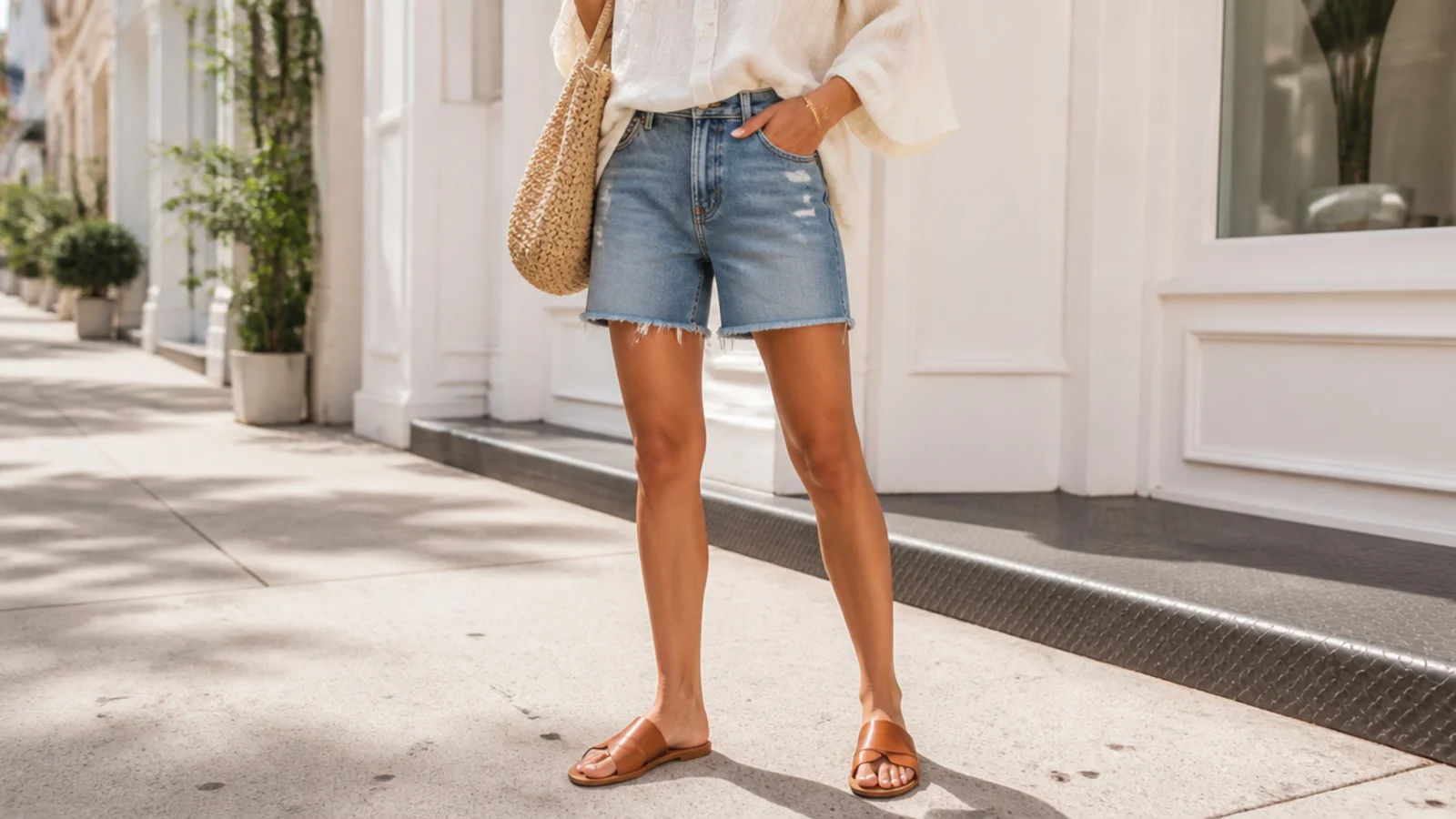 Faceless waist-down shot of mid-thigh denim jorts with flat tan leather slide sandals on a sunlit street