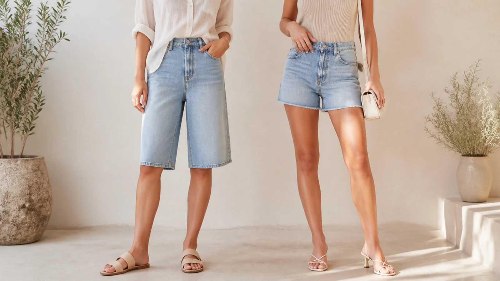 Faceless comparison of a long bermuda jort with flat slides beside a short mid-thigh jort with strappy heels