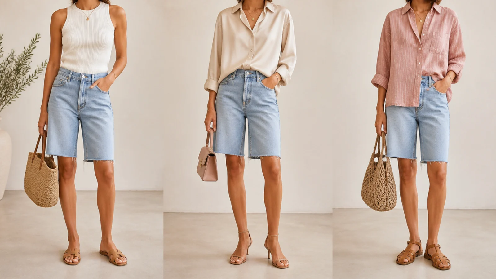 Faceless flat-lay of denim jorts styled with tan flat sandals, strappy heels and fisherman sandals