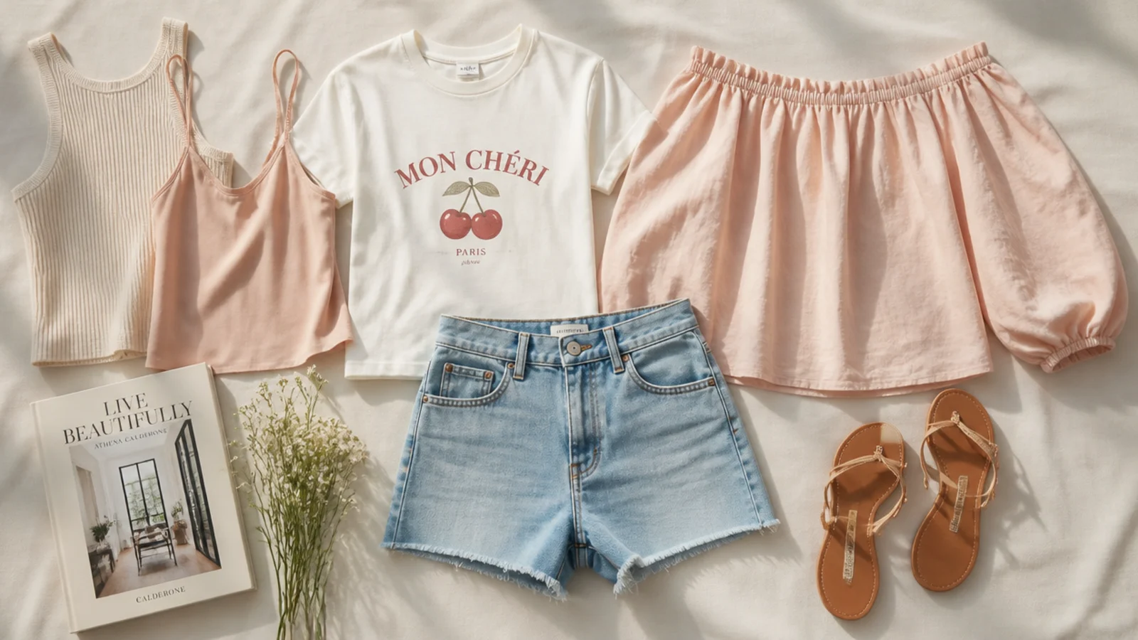 Faceless flat-lay of a ribbed tank, silk cami, graphic tee and off-shoulder blouse laid beside denim jorts and sandals