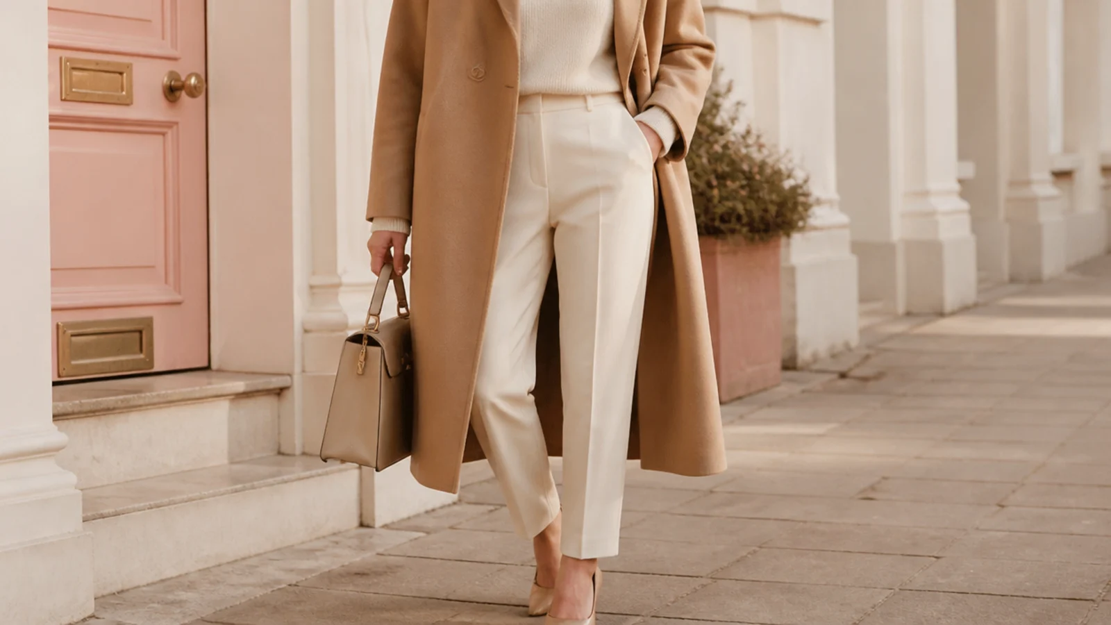 Faceless outfit with a camel wool coat over a cream cashmere knit and ivory tailored trousers with nude pumps