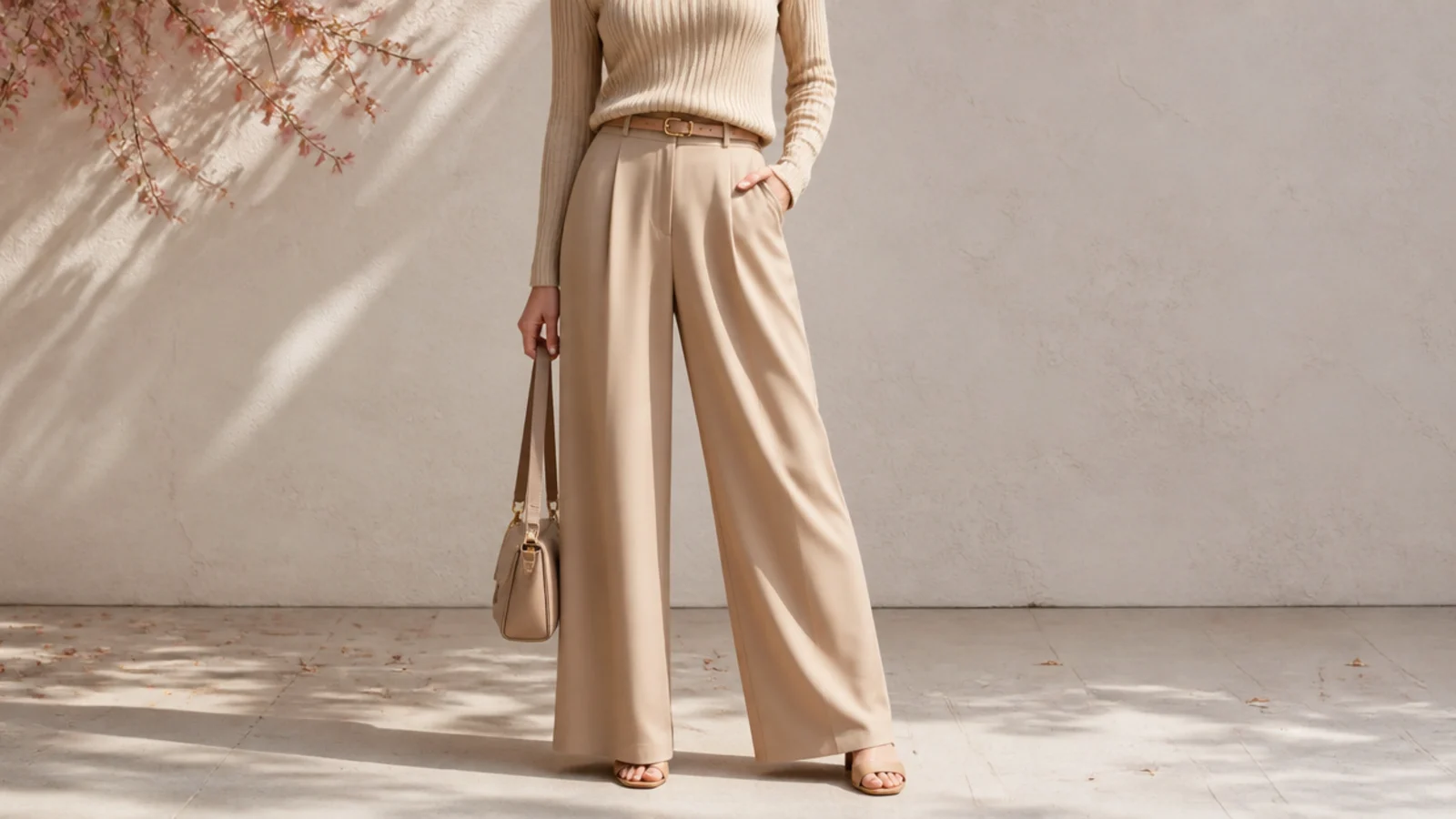 Faceless tonal outfit with an oatmeal ribbed knit tucked into wide-leg sand trousers and tan mules