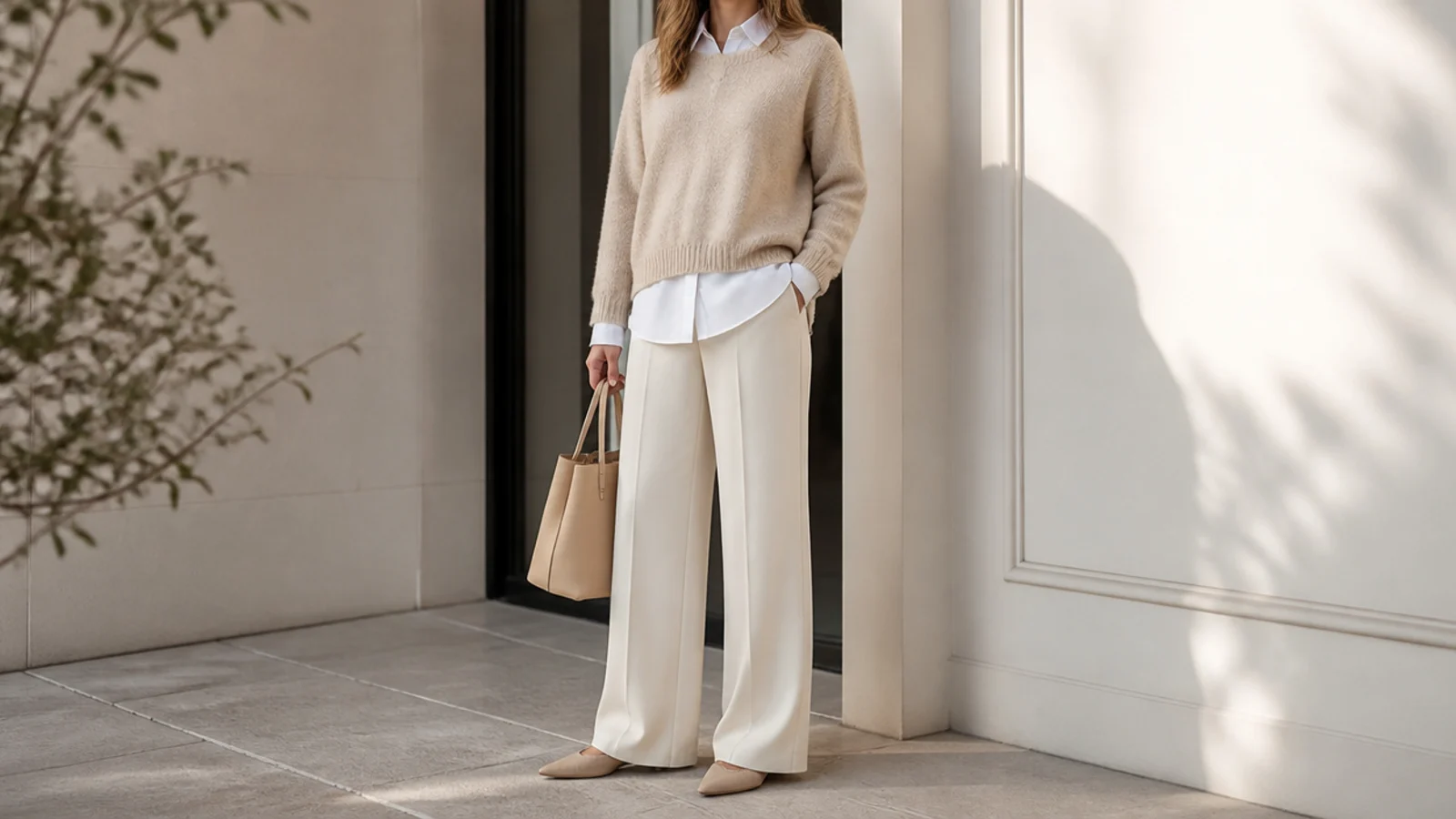 Faceless outfit with a beige cashmere sweater layered over a crisp white poplin shirt with cream trousers