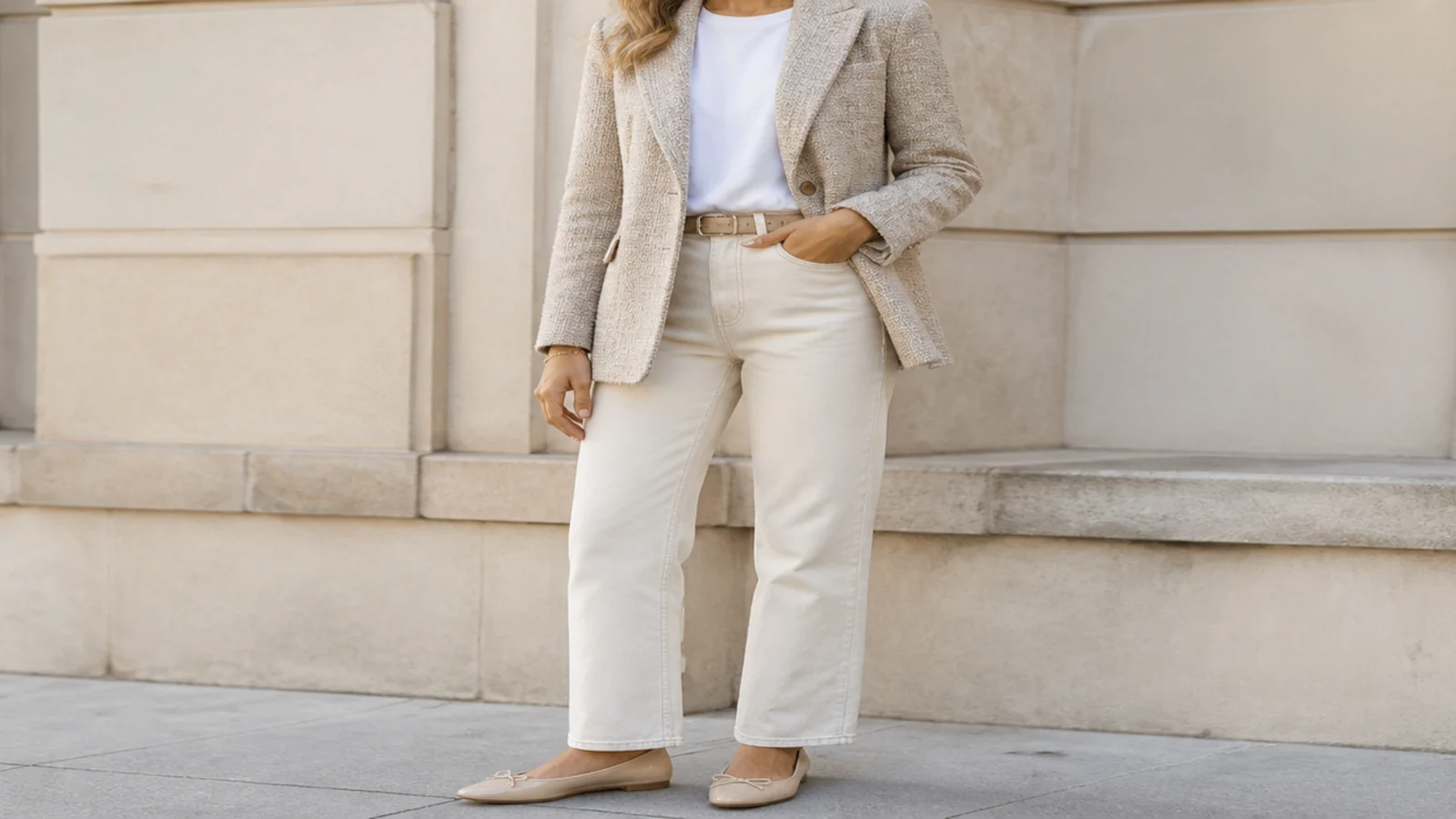 Faceless outfit with a greige boucle blazer over a white tee with cream straight-leg jeans and nude flats
