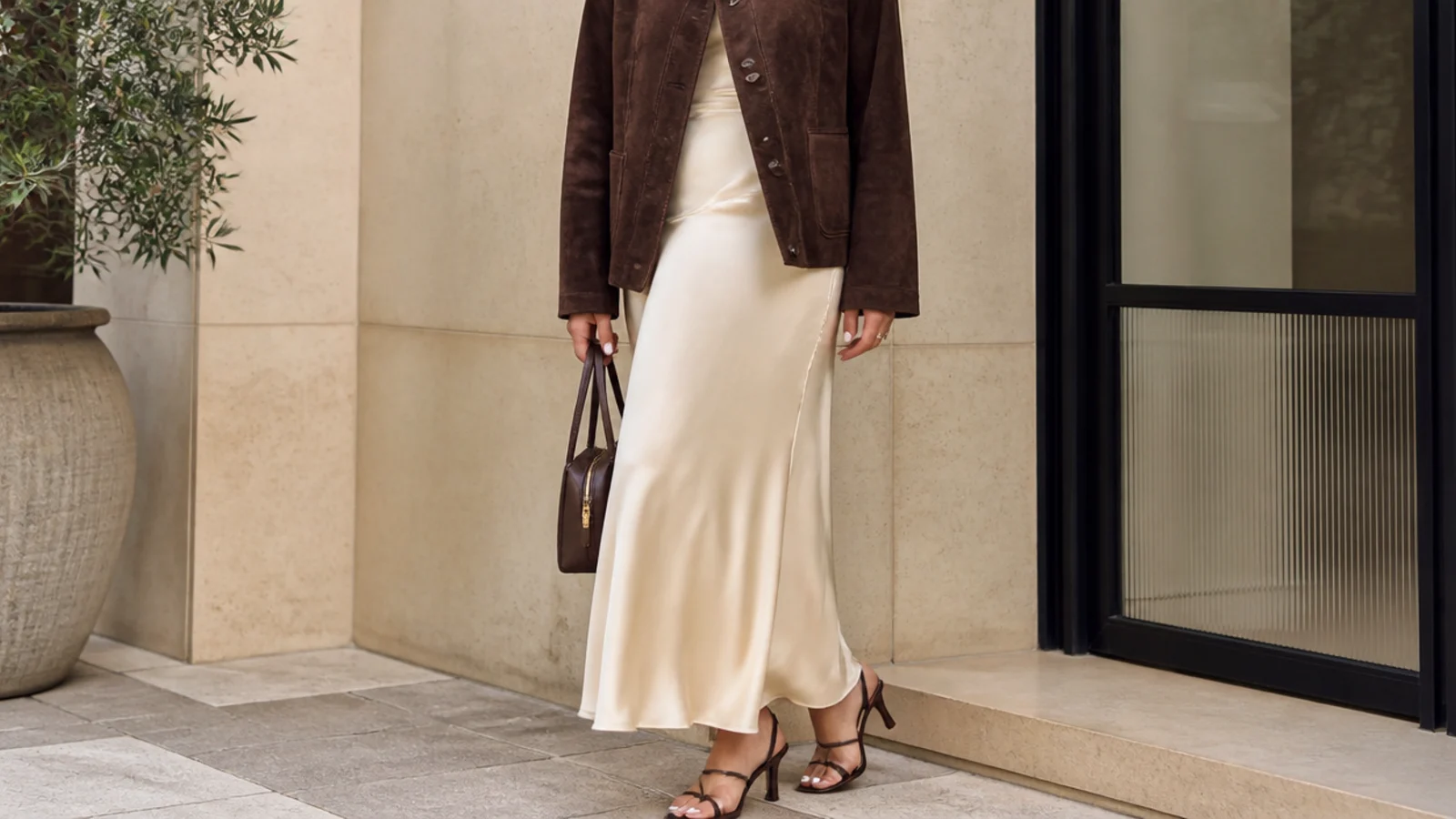 Faceless evening outfit with a cream satin bias slip skirt and a chocolate brown suede jacket with heeled sandals