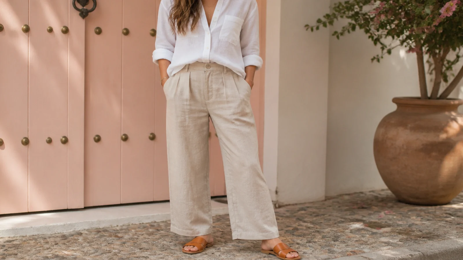 Faceless summer outfit with a white linen shirt half-tucked into sand linen trousers with tan flat sandals