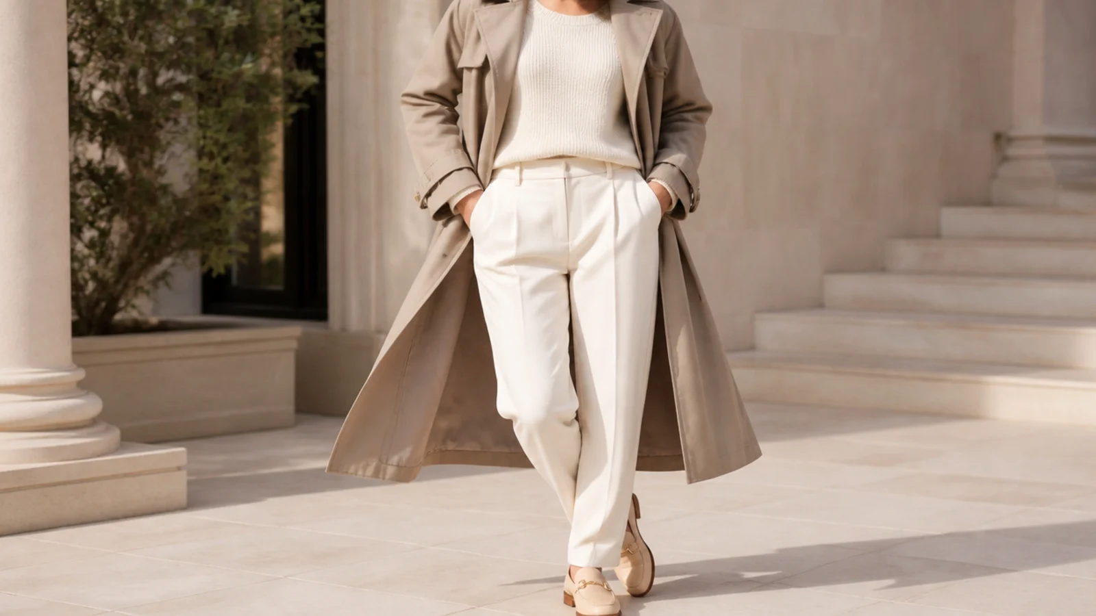 Faceless outfit with an open taupe trench coat over a cream knit and cream trousers with nude loafers