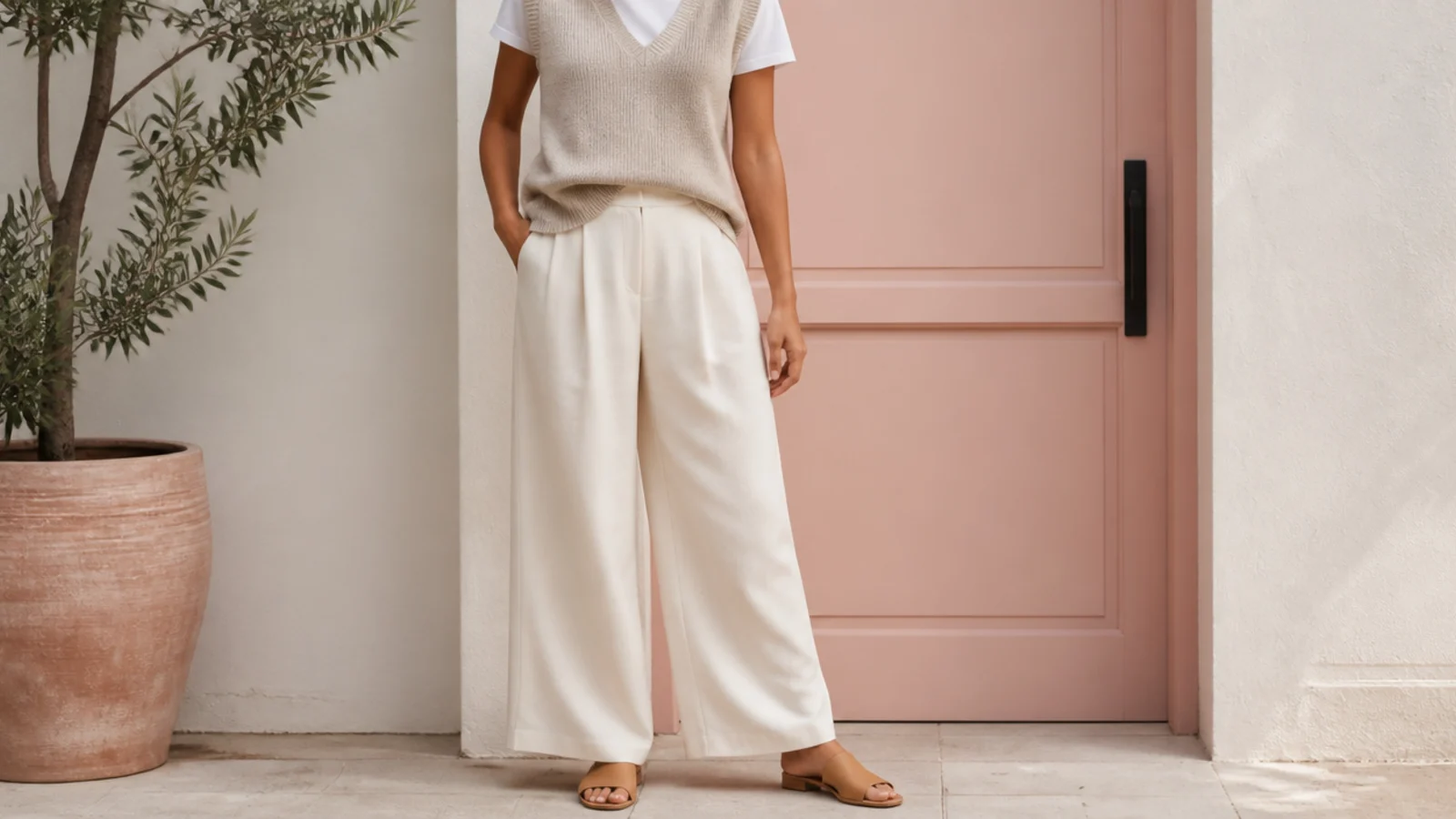 Faceless outfit with an oatmeal sweater vest over a white tee with ecru wide-leg trousers and tan mules